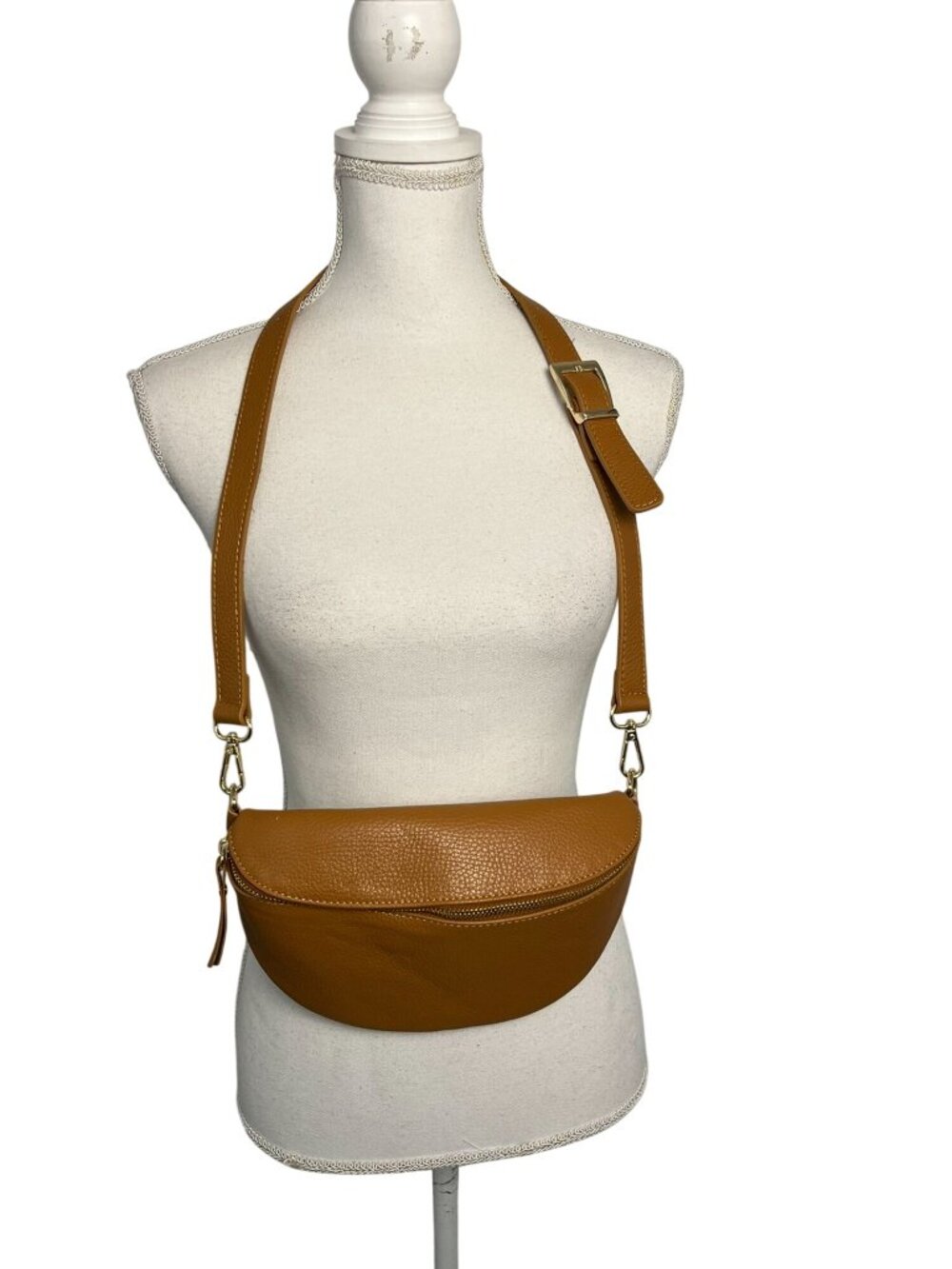 Genuine Italian Leather Half Moon Sling Bag Cognac Tan Crescent Bum Bag Used